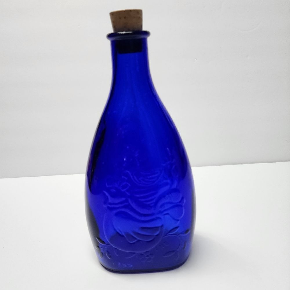 Cobalt Blue Glass Seasons Greetings Bottle w/3 French Hens 1972